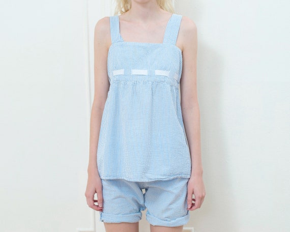 90s blue seersucker tank shorts set | preppy 2 pie