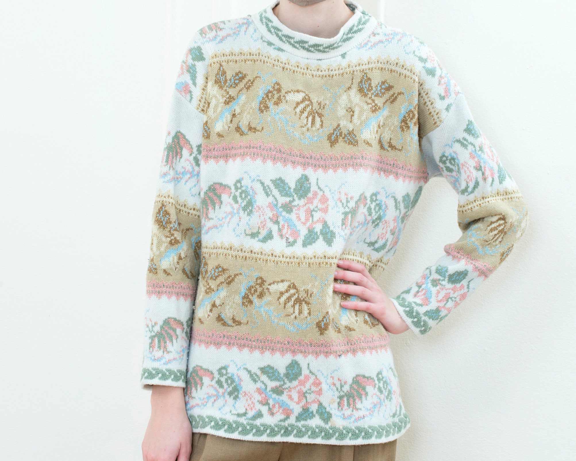Vintage 80s Striped Floral Sweater Mockneck Intarsia Pastel - Etsy