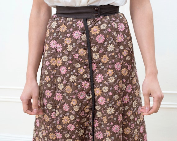 70s brown floral quilted midi skirt xs | flower p… - image 2