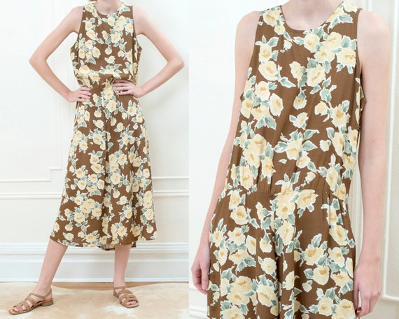 90s brown floral maxi slip dress | flower print lo