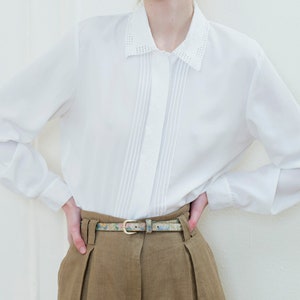 80s white blouse pleated lace collar button down shirt minimalist secretary blouse embellished embroidered collar shirt image 5