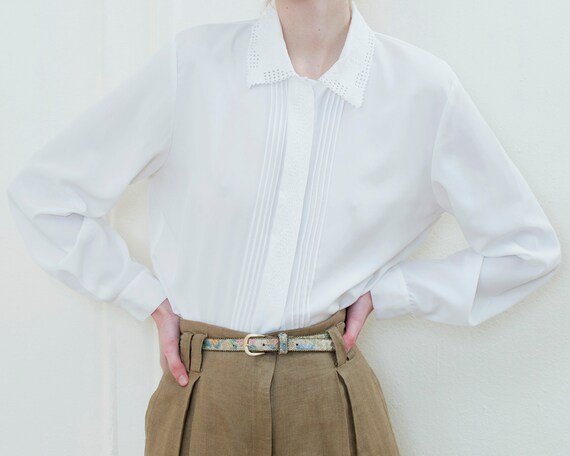 80s white blouse | pleated lace collar button dow… - image 5