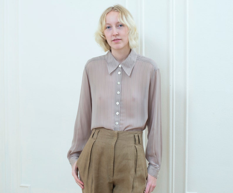 80s tan sheer pinstripe blouse medium beige striped button down shirt jaeger nude minimalist collared blouse minimal striped shirt