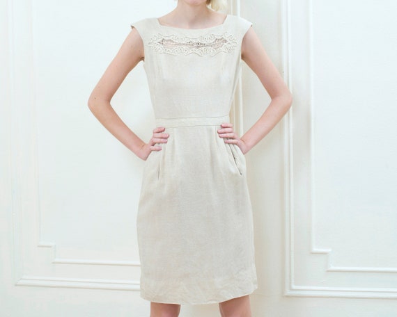 60s flax linen wiggle dress small | beige linen mi