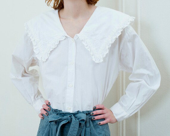 80s white cotton beaded ruffle collar blouse | puf