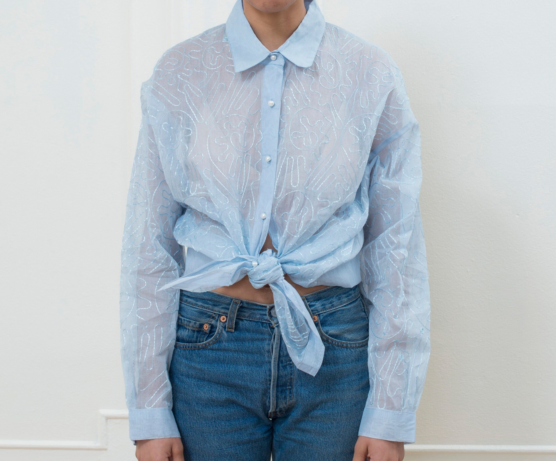 blue sheer button up