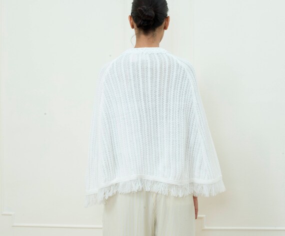 80s white knit poncho sweater | white lace knit c… - image 4