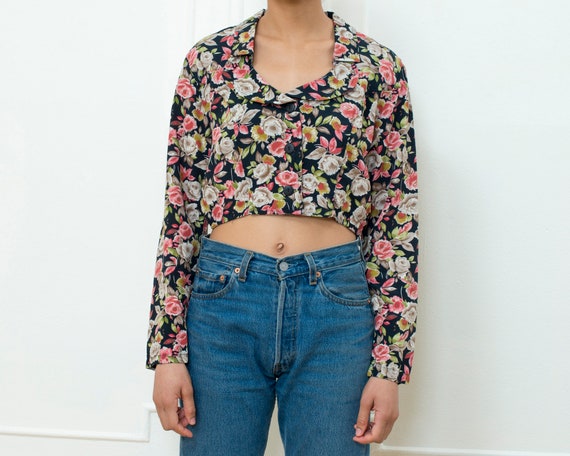 floral crop top small | 90s flower print blouse |… - image 1