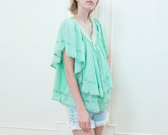 90s mint green ruffle blouse | lace collar tiered… - image 3