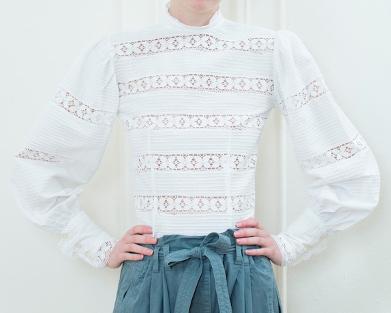 1970s white cotton pintuck crochet lace blouse | b