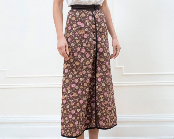 70s brown floral quilted midi skirt xs | flower p… - image 3