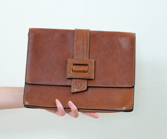 brown leather clutch | 70s fold over clutch | tan… - image 2