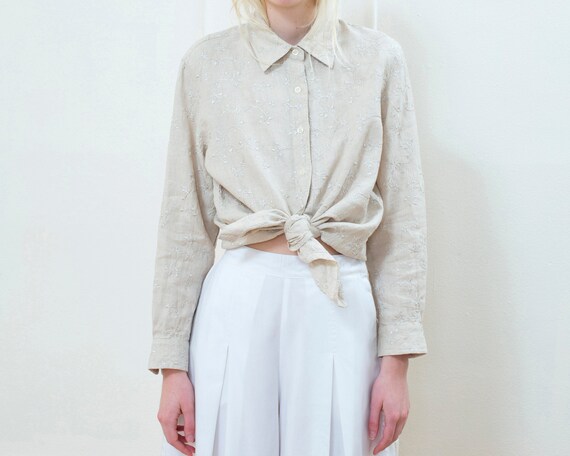 flax linen blouse | beige floral embroidered linen