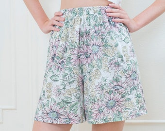 80s multicolor floral shorts small | elastic high waist flower print shorts