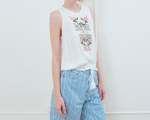 90s white floral hippie blouse | sleeveless flowe… - image 3
