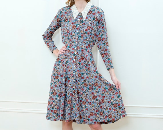 Bandana Lace Floral Print Western Saloon Lizwear English Boho Blue Country Romance Skirt Tea Pleated Small S Liz Claiborne