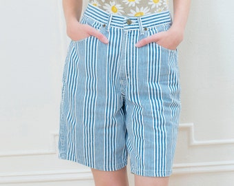 80s blue striped high waist denim shorts small 27 waist | railroad stripe preppy high rise shorts | chic denim striped twill jean shorts
