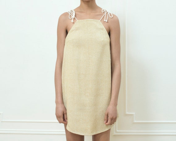 80s yellow silk mini dress | yellow tie strap sund