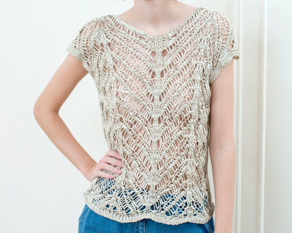 90s tan metallic crochet sweater | beige crochet t