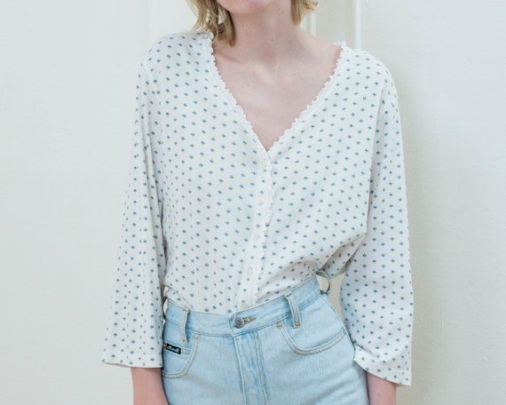 90s blue floral tshirt | ruffle trim button down t