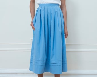 80s laura ashley blue skirt small midi skirt | baby blue cotton pleated gathered skirt | full skirt | pin tuck skirt