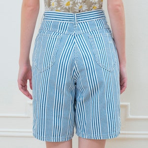 80s blue striped high waist denim shorts small 27 waist railroad stripe preppy high rise shorts chic denim striped twill jean shorts image 6