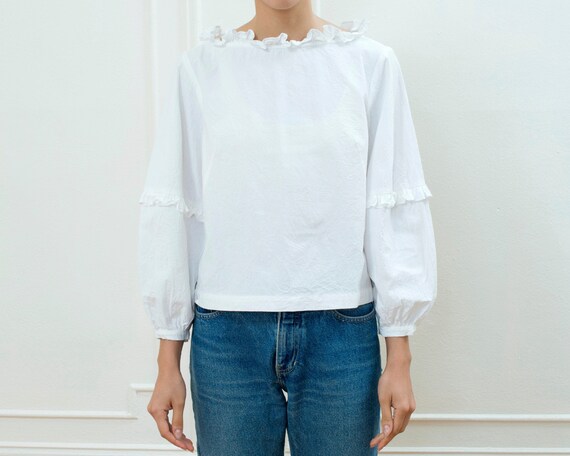 80s white cotton puff sleeve ruffle blouse | ballo