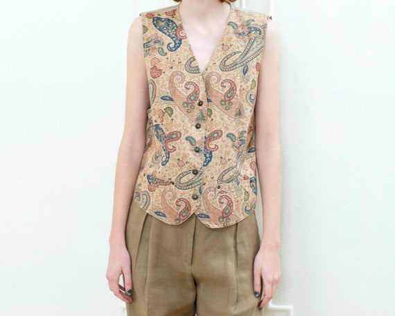 vintage tan paisley vest | 90s lizwear multicolor… - image 2