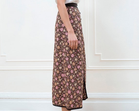 70s brown floral quilted midi skirt xs | flower p… - image 4