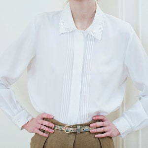 80s white blouse pleated lace collar button down shirt minimalist secretary blouse embellished embroidered collar shirt image 1