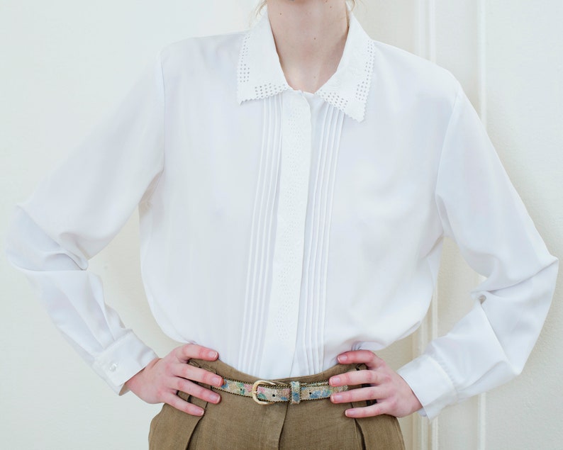 80s white blouse pleated lace collar button down shirt minimalist secretary blouse embellished embroidered collar shirt image 1