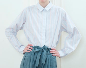 70s blue striped blouse large | pink stripe button down shirt | minimal striped collared shirt | minimalist cotton pale light blue blouse