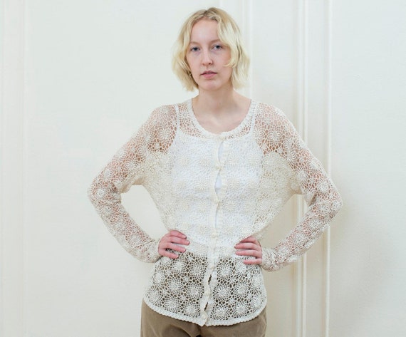 70s white crochet cardigan medium | knit see throu