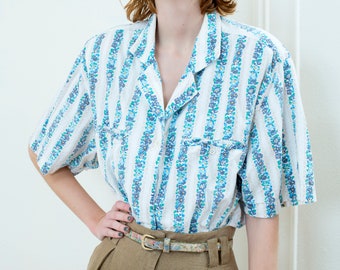 80s blue cotton floral striped blouse | flower print button down short sleeve shirt | preppy printed cotton button up collared shirt