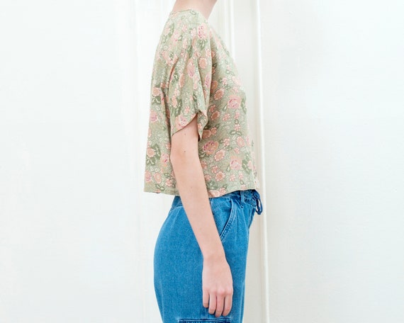 90s green pink floral cropped shirt | flower prin… - image 4