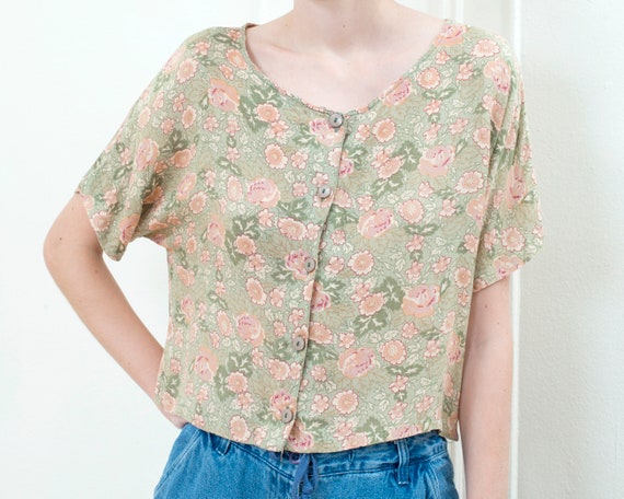 90s green pink floral cropped shirt | flower prin… - image 6