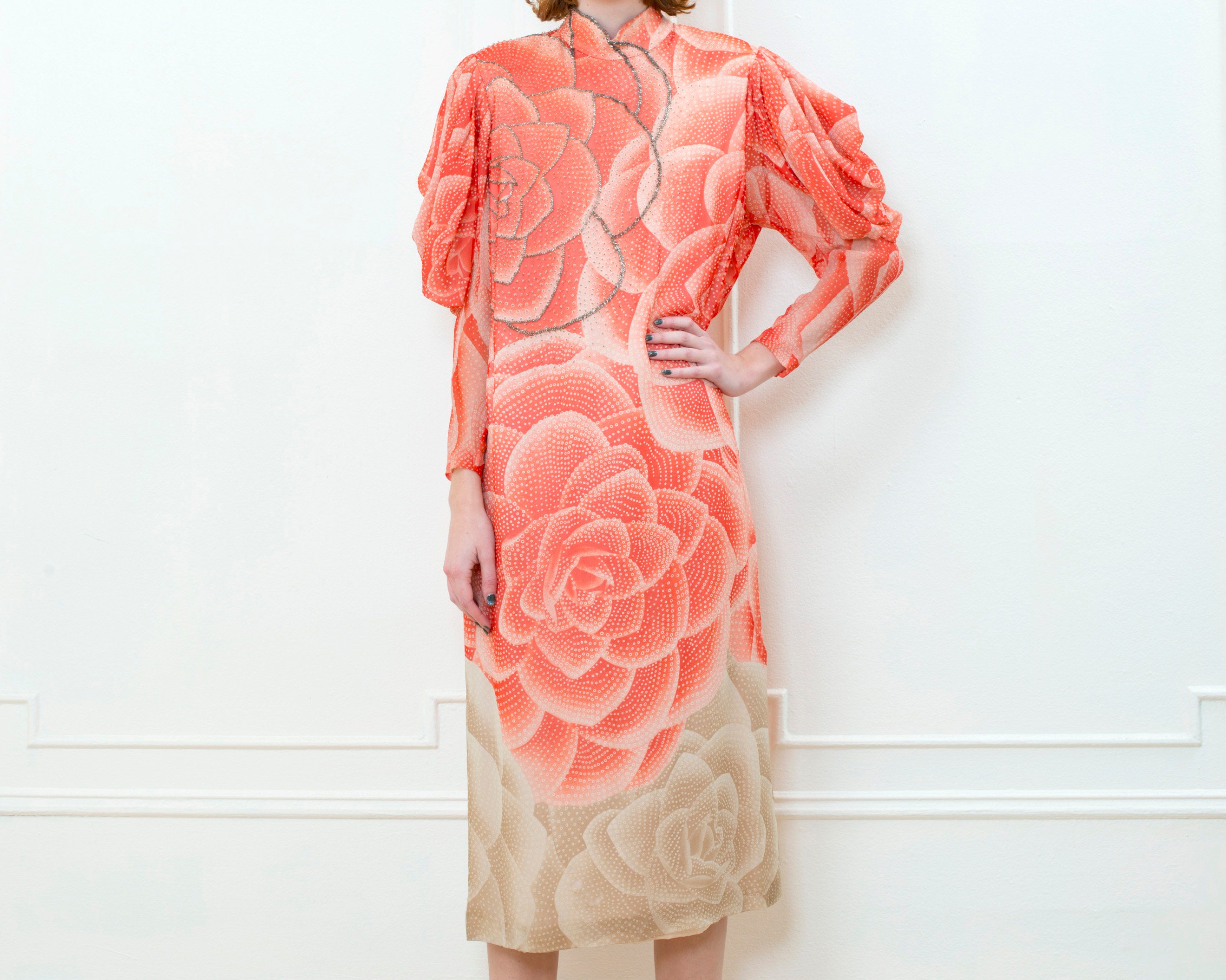 1920s Pink Floral Silk Dress Rare Peach Beaded Lotus Flower Print