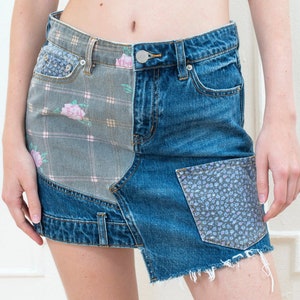 90s denim patchwork mini skirt | floral print patched jean skirt