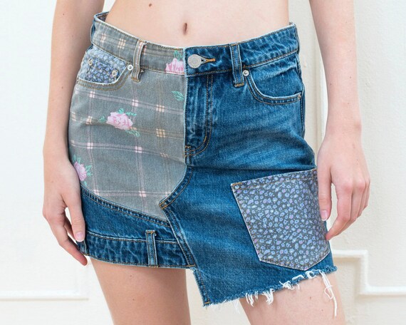 90s denim patchwork mini skirt | floral print patc