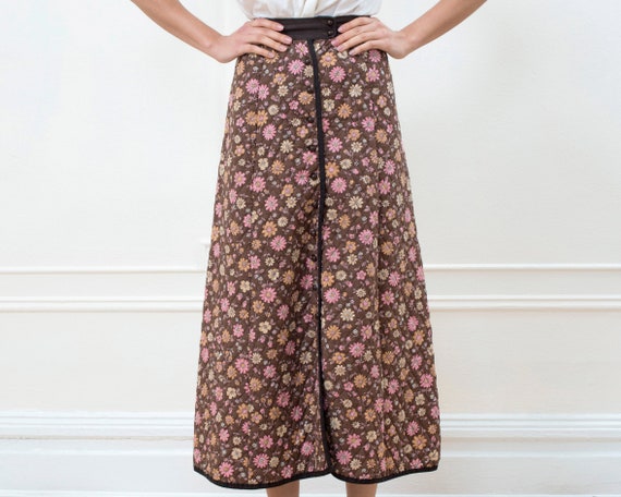 70s brown floral quilted midi skirt xs | flower p… - image 6