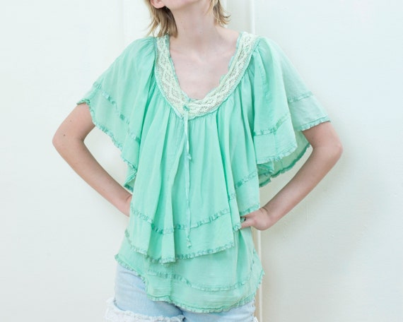 90s mint green ruffle blouse | lace collar tiered… - image 4