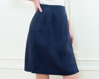 80s navy linen wrap skirt medium | minimalist dark blue linen preppy skirt | minimal button up navy blue skirt | high waisted mini skirt