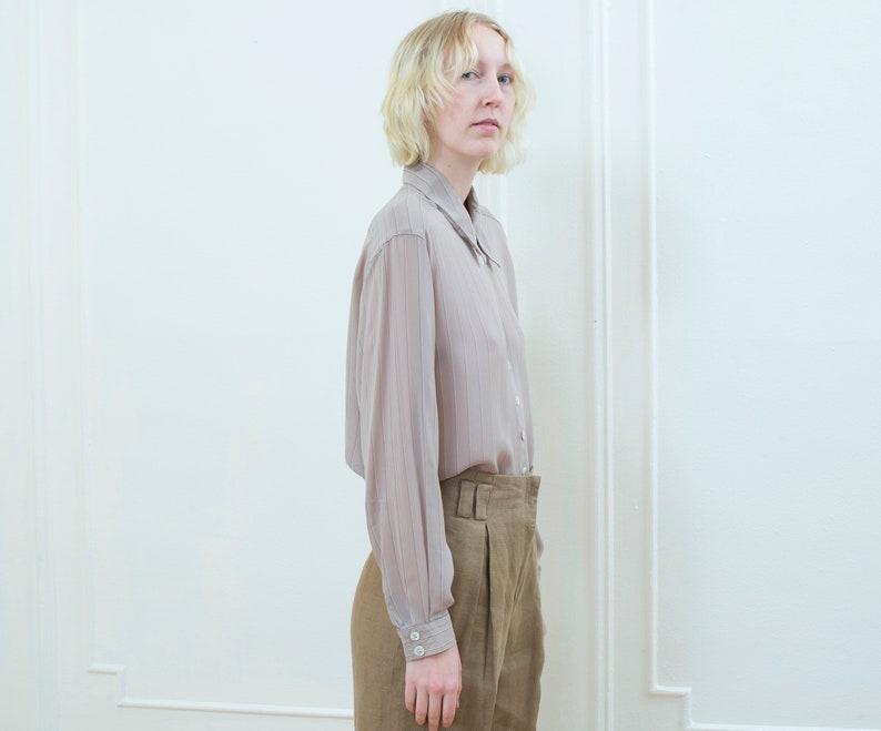 80s tan sheer pinstripe blouse medium beige striped button down shirt jaeger nude minimalist collared blouse minimal striped shirt