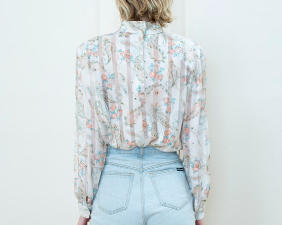 80s white paisley blouse | silky printed high nec… - image 5