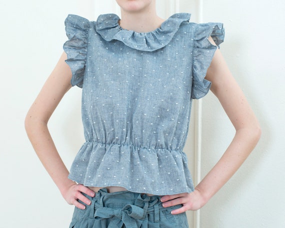 80s blue chambray ruffle blouse | swiss dot ruffle