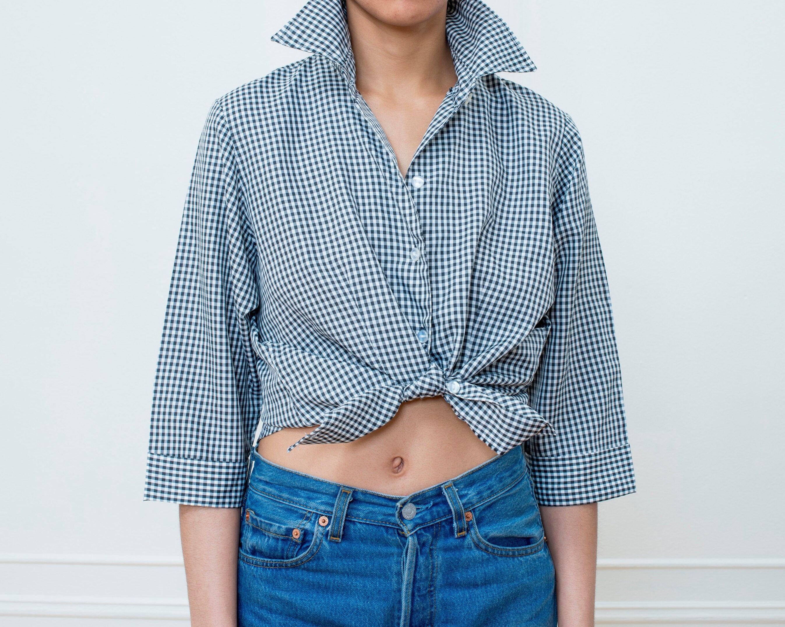 Gingham Blouse 60s Black White Check 
