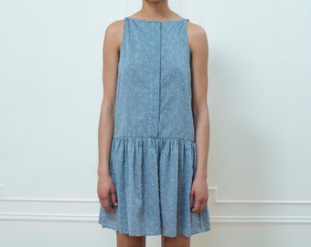 80s blue cotton ruffle drop waist dress | swiss dot chambray shirt dress | flapper mini dress | gray cotton dress | ruffled sundress