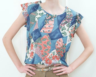 vintage patchwork print floral top | 70s boho hippie patchwork quilt print blouse