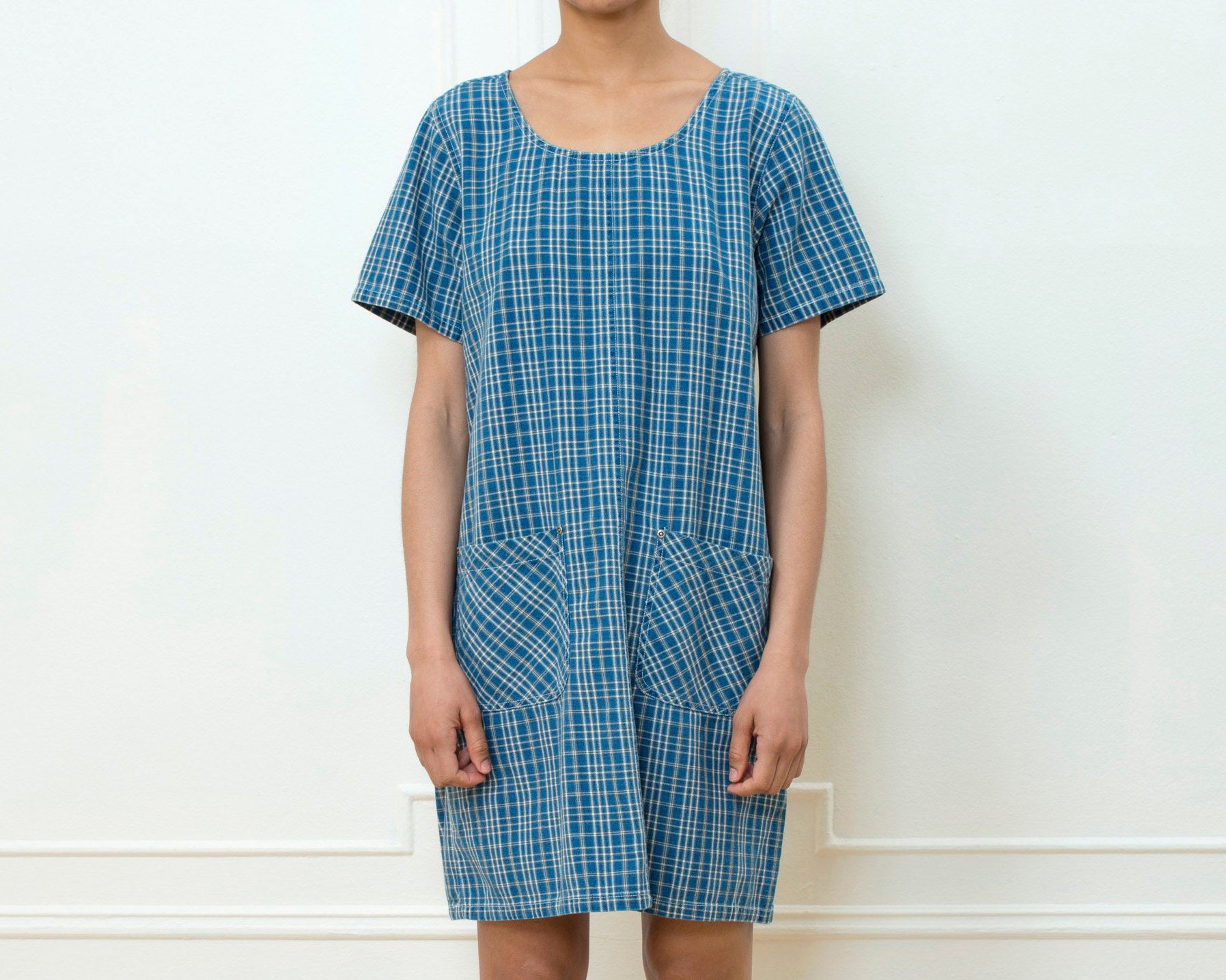 blue plaid mini dress