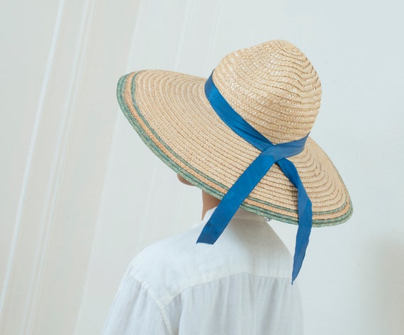 80s straw sun hat | woven raffia wide brim hat | … - image 1